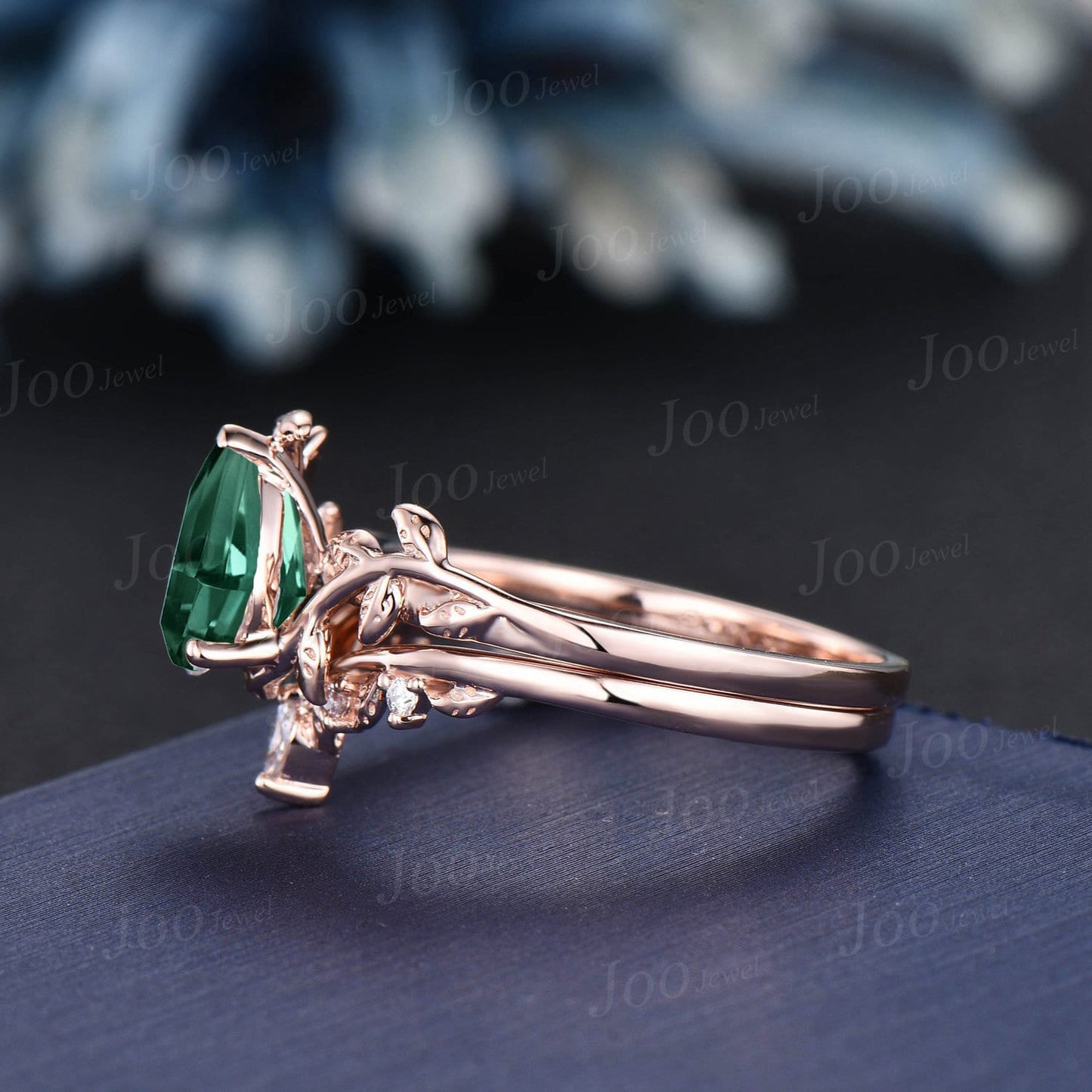 1.25ct Pear Green Sapphire Diamond Ring Set Nature Inspired Teal Montana Sapphire Engagement Ring Rose Gold Leaf Vine Branch Solitaire Ring
