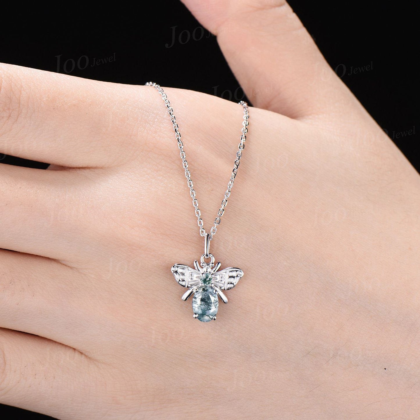 14K White Gold Honey Bee Necklace Natural Oval Moss Agate Pendant Sterling Silver Personalized Bumble Bee Agate Jewelry Unique Birthday Gift