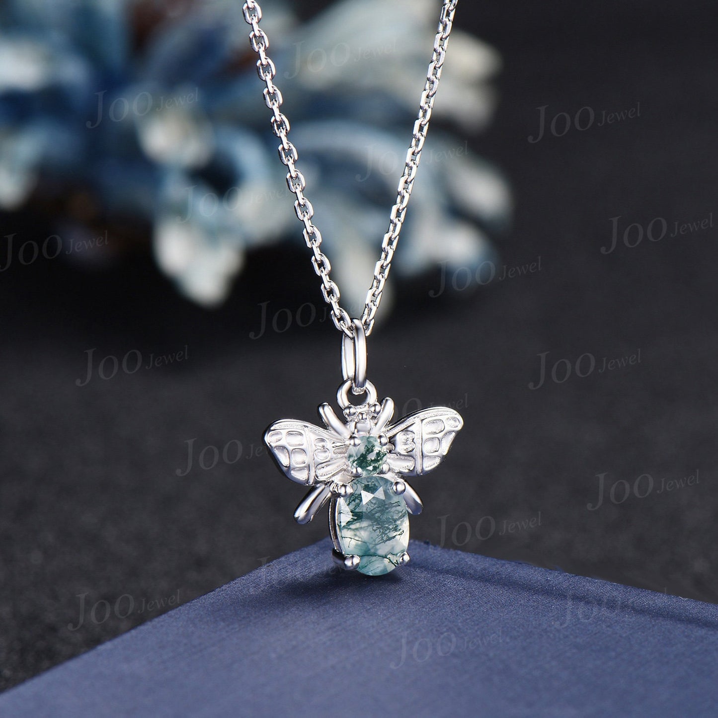 14K White Gold Honey Bee Necklace Natural Oval Moss Agate Pendant Sterling Silver Personalized Bumble Bee Agate Jewelry Unique Birthday Gift