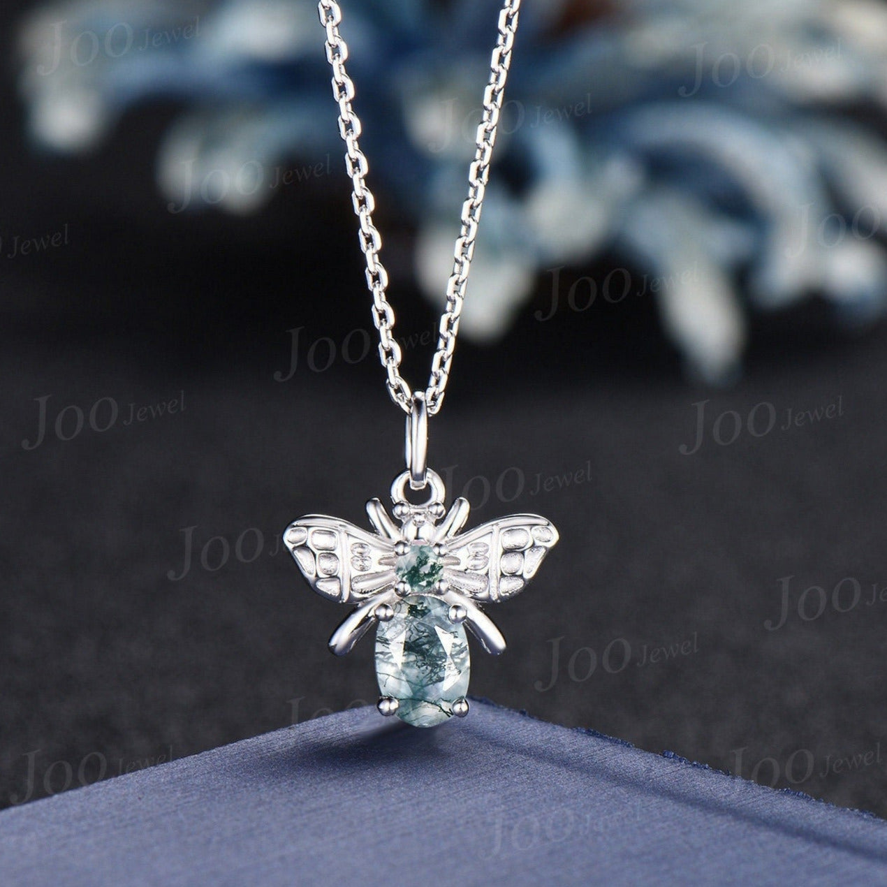 14K White Gold Honey Bee Necklace Natural Oval Moss Agate Pendant Sterling Silver Personalized Bumble Bee Agate Jewelry Unique Birthday Gift