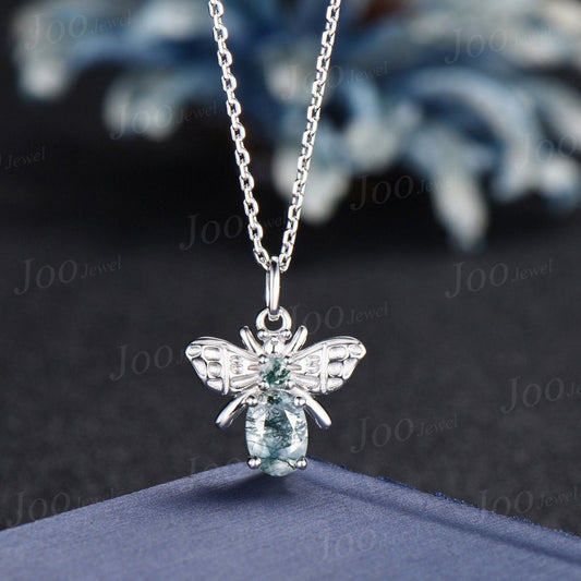 14K White Gold Honey Bee Necklace Natural Oval Moss Agate Pendant Sterling Silver Personalized Bumble Bee Agate Jewelry Unique Birthday Gift