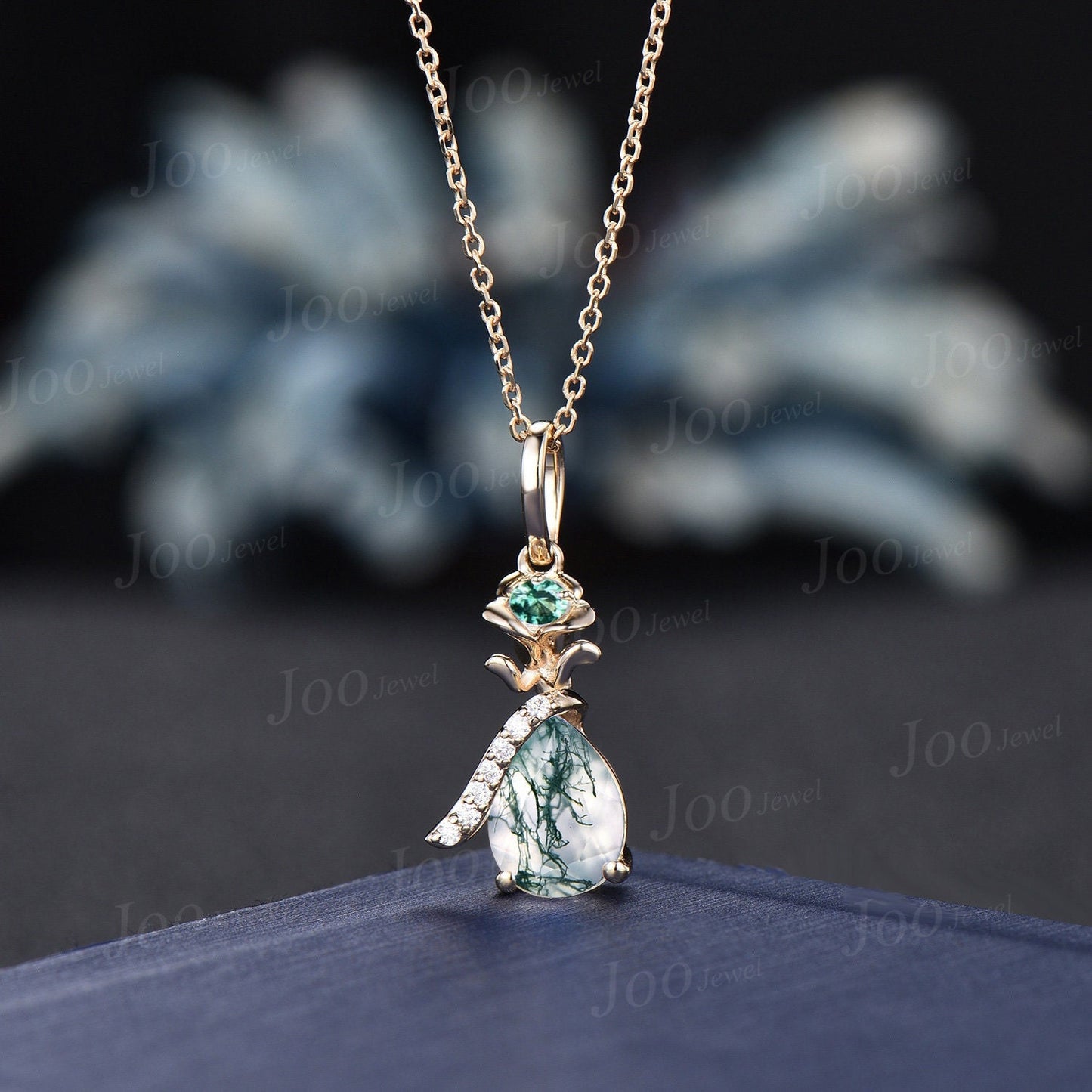 Rose Flower Green Moss Agate Emerald Wedding Pendant Natural Moss Agate Bridal Drop Necklaces 14K Solid Gold Nature Inspired Floral Jewelry