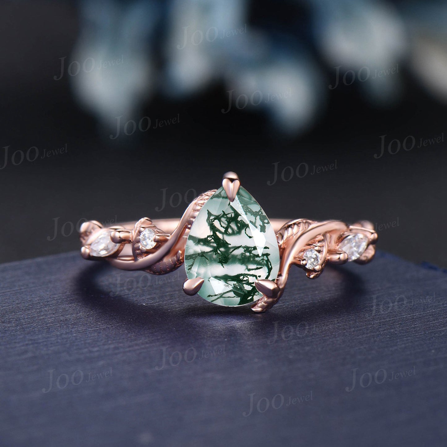 1.25ct Nature Inspired Natural Moss Agate Moissanite Engagement Rings Set 14K Rose Gold Pear Wedding Ring Unique Anniversary Gifts for Women