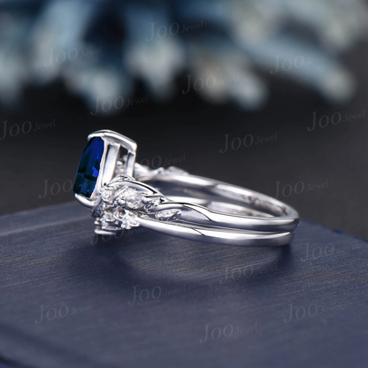 1.25ct Twig Vine Nature Inspired Blue Sapphire Engagement Ring 14K White Gold Pear Wedding Ring Leaf Bridal Set September Birthstone Gifts