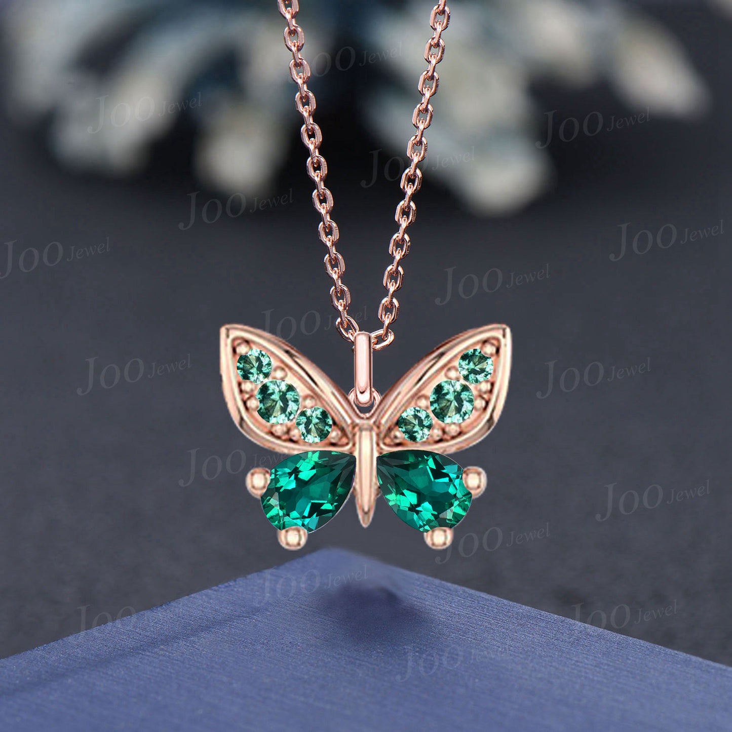 Dainty Butterfly Emerald Necklace 14K Solid Rose Gold Pear Cut Green Emerald Pendant for Girls/Women May Birthstone Gemstone Jewelry Gifts