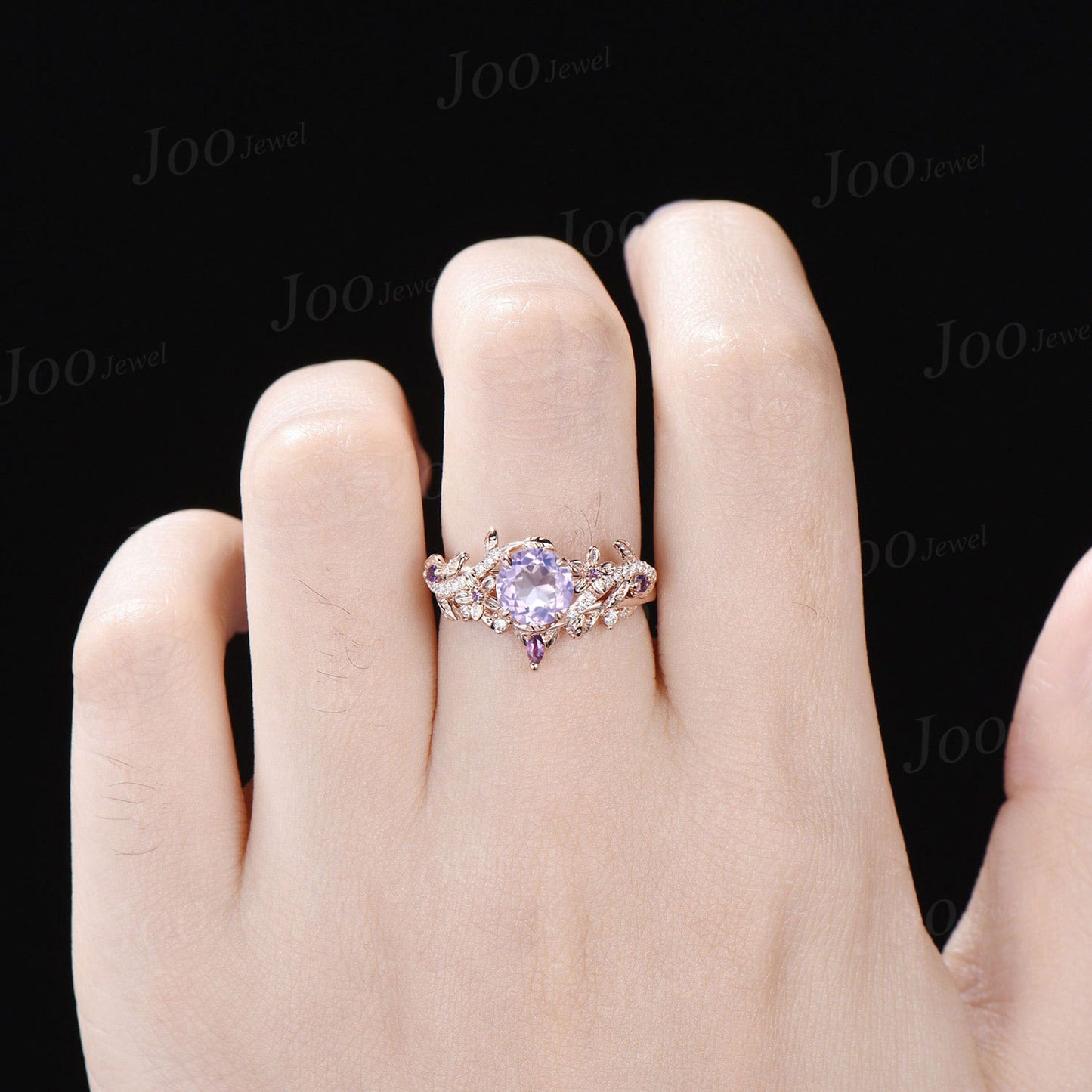 Natural Lavender Amethyst Diamond Ring Set 14K Rose Gold Nature Inspired Branch Floral Leaf Purple Crystal Amethyst Bridal Wedding Ring Set