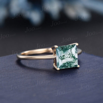 Princess Cut Natural Moss Agate Engagement Ring Simple Solitaire Square Wedding Ring Green Gemstone Jewelry Vintage Anniversary/Promise Gift