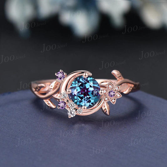 Color-Change Alexandrite Ring Vintage Cluster Amethyst Ring Rose Gold Leaf Moon Engagement Ring Star Flower Moissanite Bridal Ring For Women