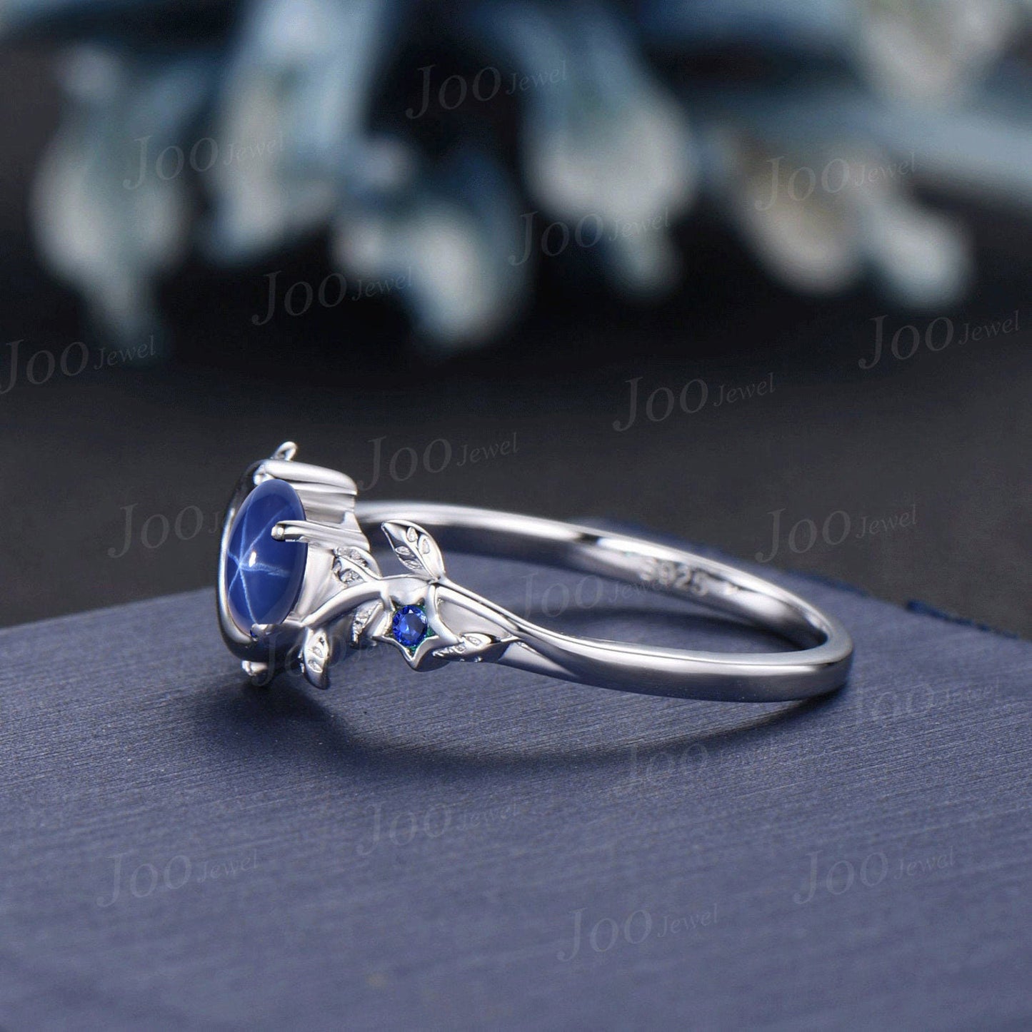 5mm Nature Inspired Round Cut Star Sapphire Moon Engagement Ring Blue Sapphire Wedding Ring Cluster Star Blue Ring Unique Personalized Gifts