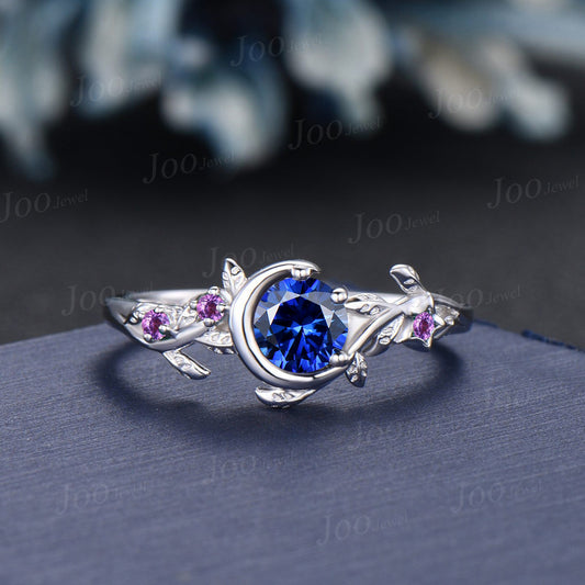 Moon Star Blue Sapphire Amethyst Wedding Ring Vintage 5mm Round Sapphire Nature Inspired Engagement Ring September Birthstone Birthday Gift