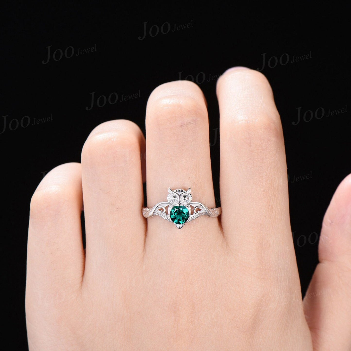 Unique Branch Twig Vine Owl Engagement Ring 5mm Round Green Emerald Nature Wedding Ring Antique Owl Feather Animal Inspired Emerald Jewelry