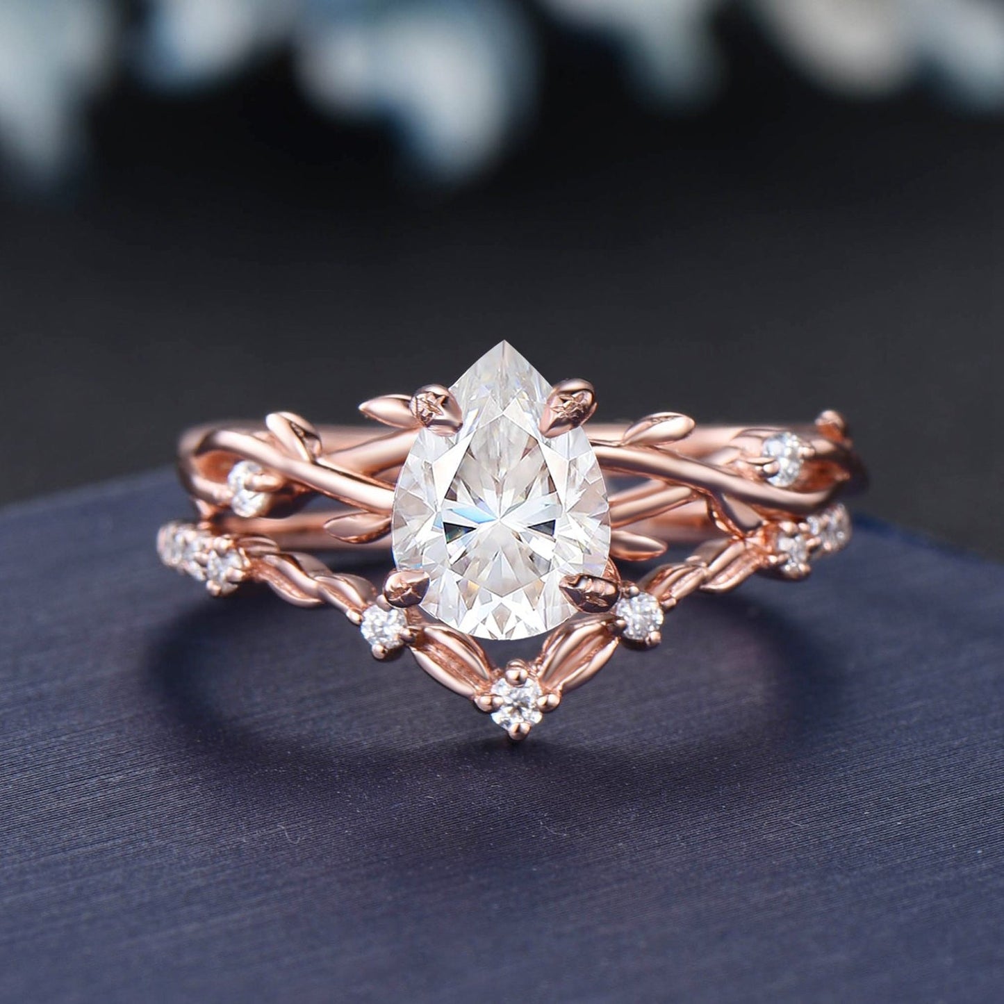 Twig Vine Moissanite Engagement Ring Set 14K Rose Gold 1.25ct Pear Lab Grown Diamond Wedding Ring Set with IGI Certificate Branch Bridal Set