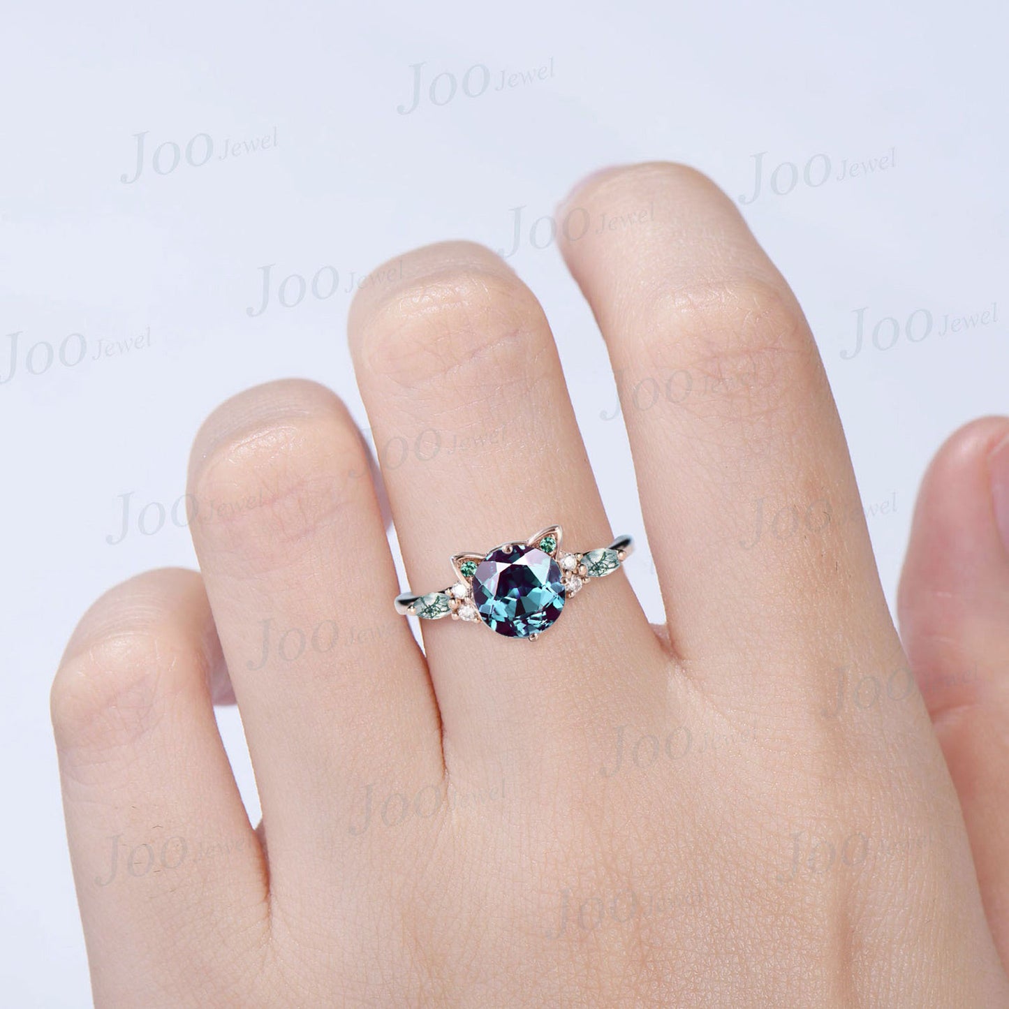 Cat Wedding Ring Vintage 1.2ct Round Color-Change Alexandrite Agate Promise Ring Peekaboo Kitten June Birthstone Gift for Cat Lover/Daughter