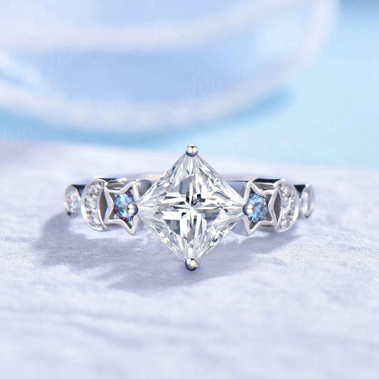 7mm Princess Cut Moissanite Wedding Ring Unique Moon Star Band 14K White Gold Alexandrite Diamond Celestial Wedding Ring Art Deco Ring Women