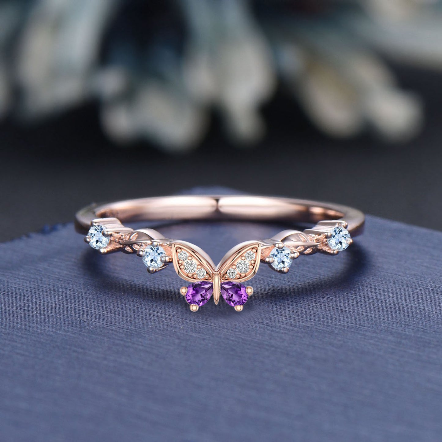 Aquamarine Amethyst Nature Inspired Wedding Band Butterfly Design Rose Gold Curved Matching Contour Leaf Band For Women Anniversary Gifts