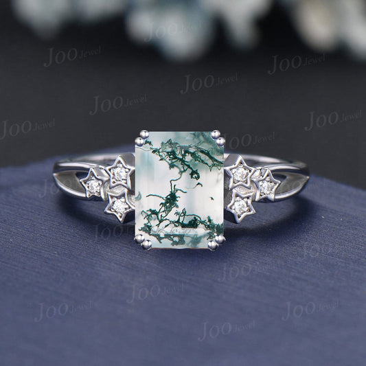 2ct Emerald Cut Natural Moss Agate Wedding Ring 8 Prong Unique Star Cluster Engagement Ring Split Shank Band Promise Ring for Women