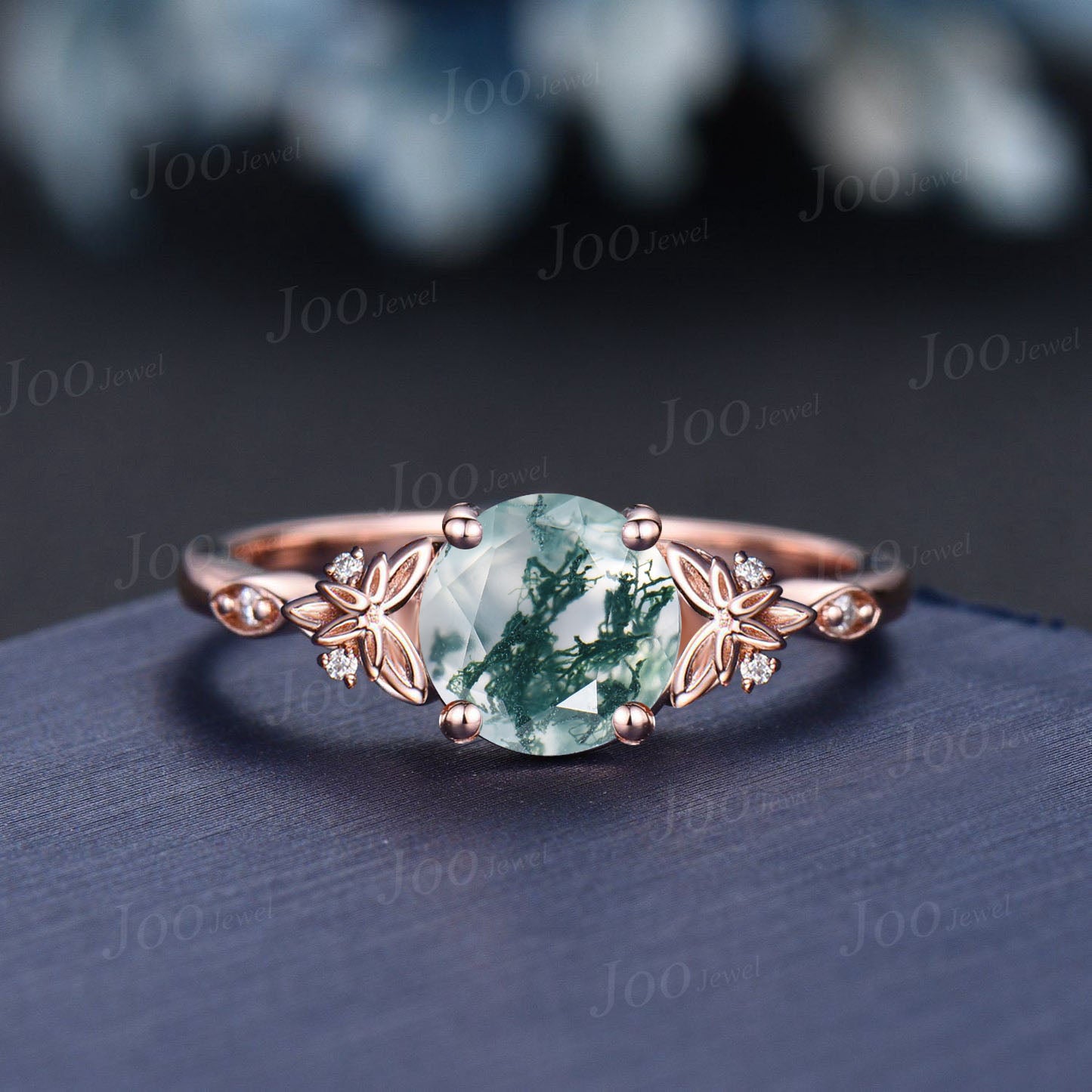 Round Cut Natural Moss Agate Diamond Wedding Ring 14K Rose Gold Celtic Trinity Knot Irish Engagement Ring Unique Anniversary Gifts for Women