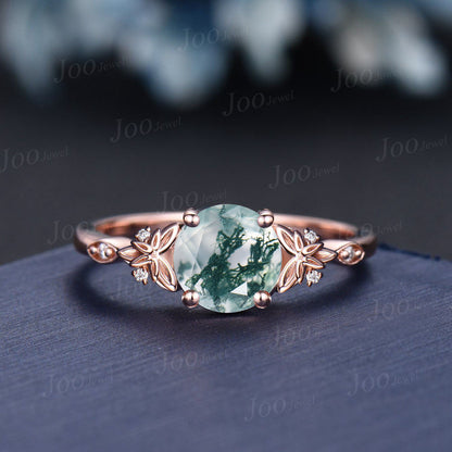 Round Cut Natural Moss Agate Diamond Wedding Ring 14K Rose Gold Celtic Trinity Knot Irish Engagement Ring Unique Anniversary Gifts for Women