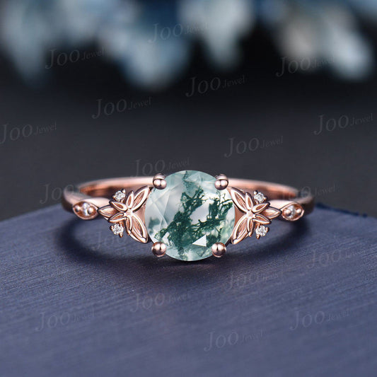 Round Cut Natural Moss Agate Diamond Wedding Ring 14K Rose Gold Celtic Trinity Knot Irish Engagement Ring Unique Anniversary Gifts for Women
