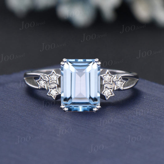 Emerald Cut Natural Aquamarine Diamond Engagement Ring 8 Prongs March Birthstone Gift 14K White Gold Split Shank Cluster Star Wedding Ring