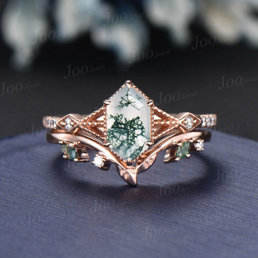 Retro Long Hexagon Moss Agate Ring,Vintage 14K Rose Gold Ring Set,Unique Agate Engagement Ring,Leaf Promise Band,Anniversary Ring Gift Women