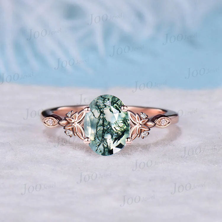 Round Cut Natural Moss Agate Diamond Wedding Ring 14K Rose Gold Celtic Trinity Knot Irish Engagement Ring Unique Anniversary Gifts for Women