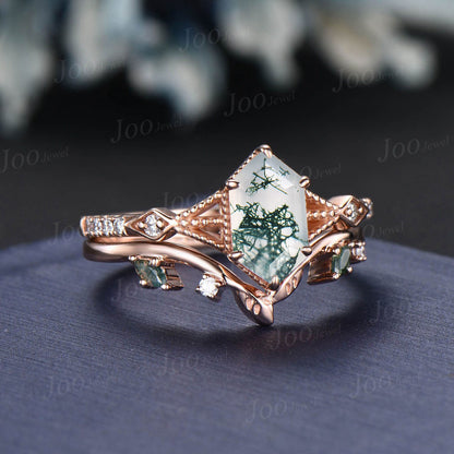 Retro Long Hexagon Moss Agate Ring,Vintage 14K Rose Gold Ring Set,Unique Agate Engagement Ring,Leaf Promise Band,Anniversary Ring Gift Women