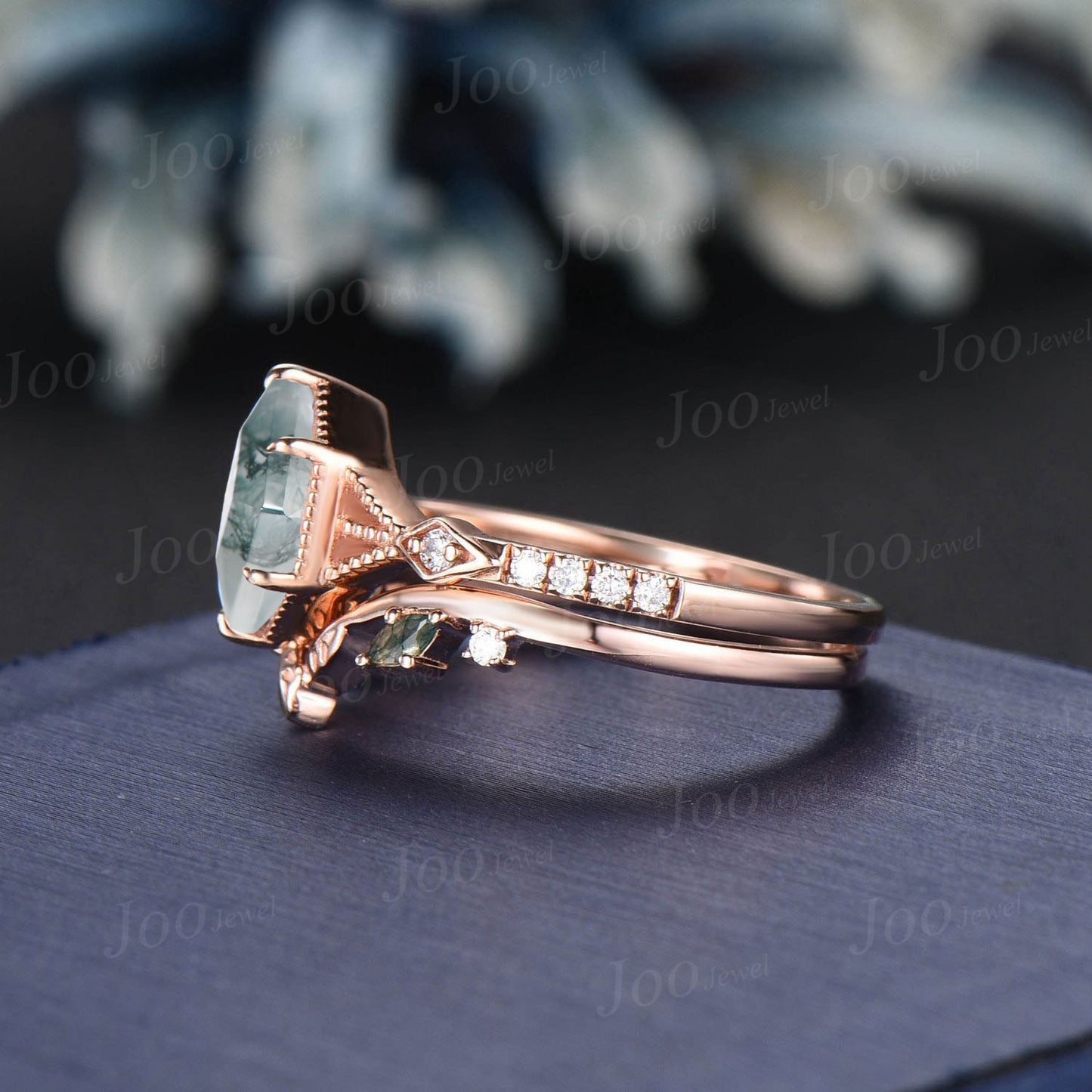 Retro Long Hexagon Moss Agate Ring,Vintage 14K Rose Gold Ring Set,Unique Agate Engagement Ring,Leaf Promise Band,Anniversary Ring Gift Women