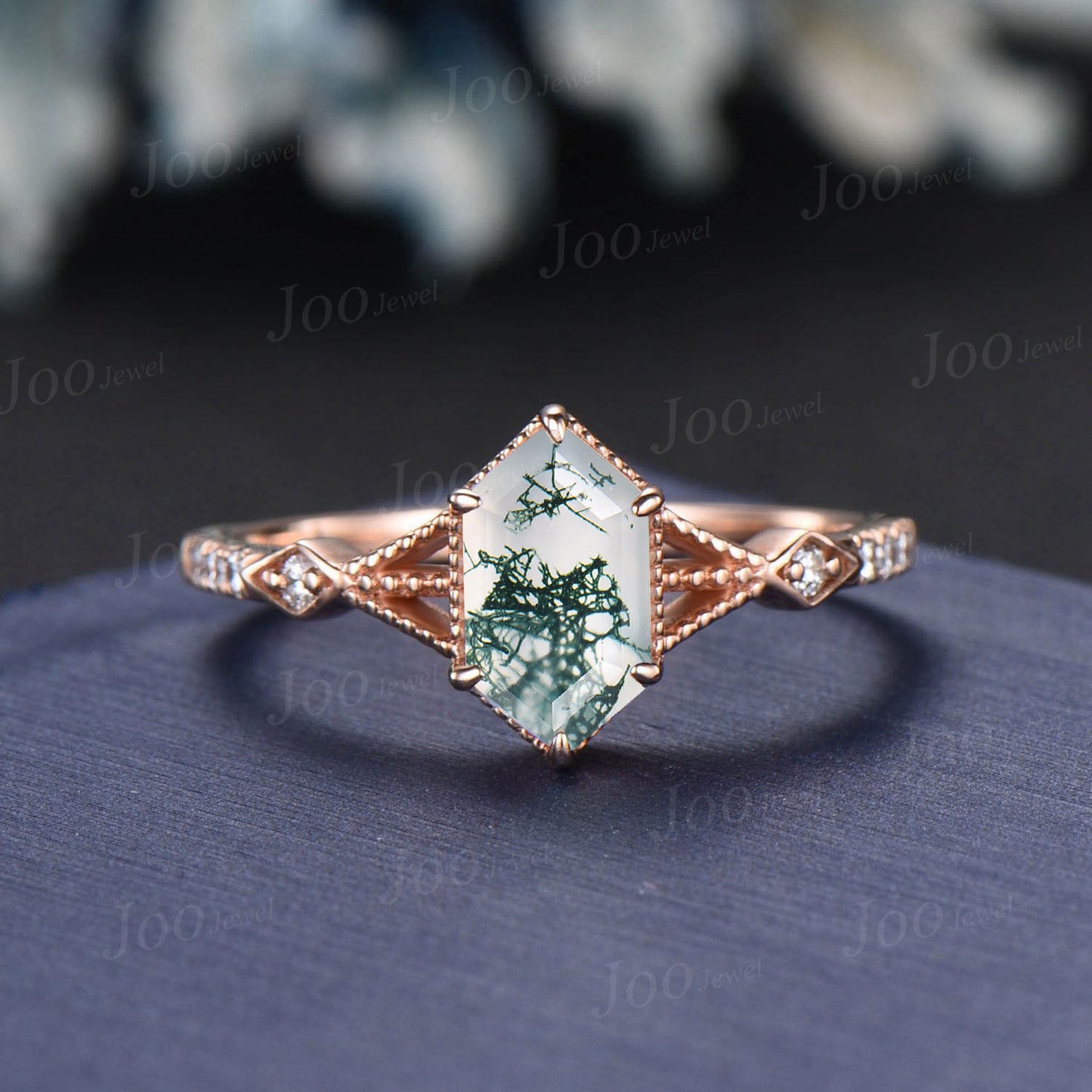 Retro Long Hexagon Moss Agate Ring,Vintage 14K Rose Gold Ring Set,Unique Agate Engagement Ring,Leaf Promise Band,Anniversary Ring Gift Women