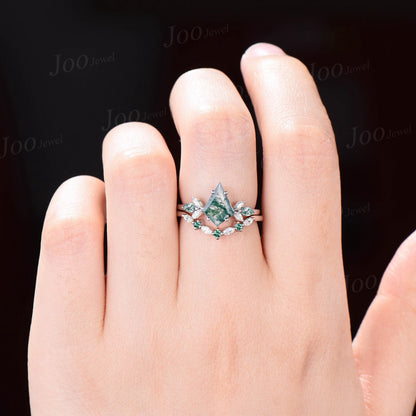 Kite Cut Natural Moss Agate Engagement Ring Set Sterling Silver Cluster Moissanite Emerald Ring Set Unique Wedding/Birthday Gifts for Women