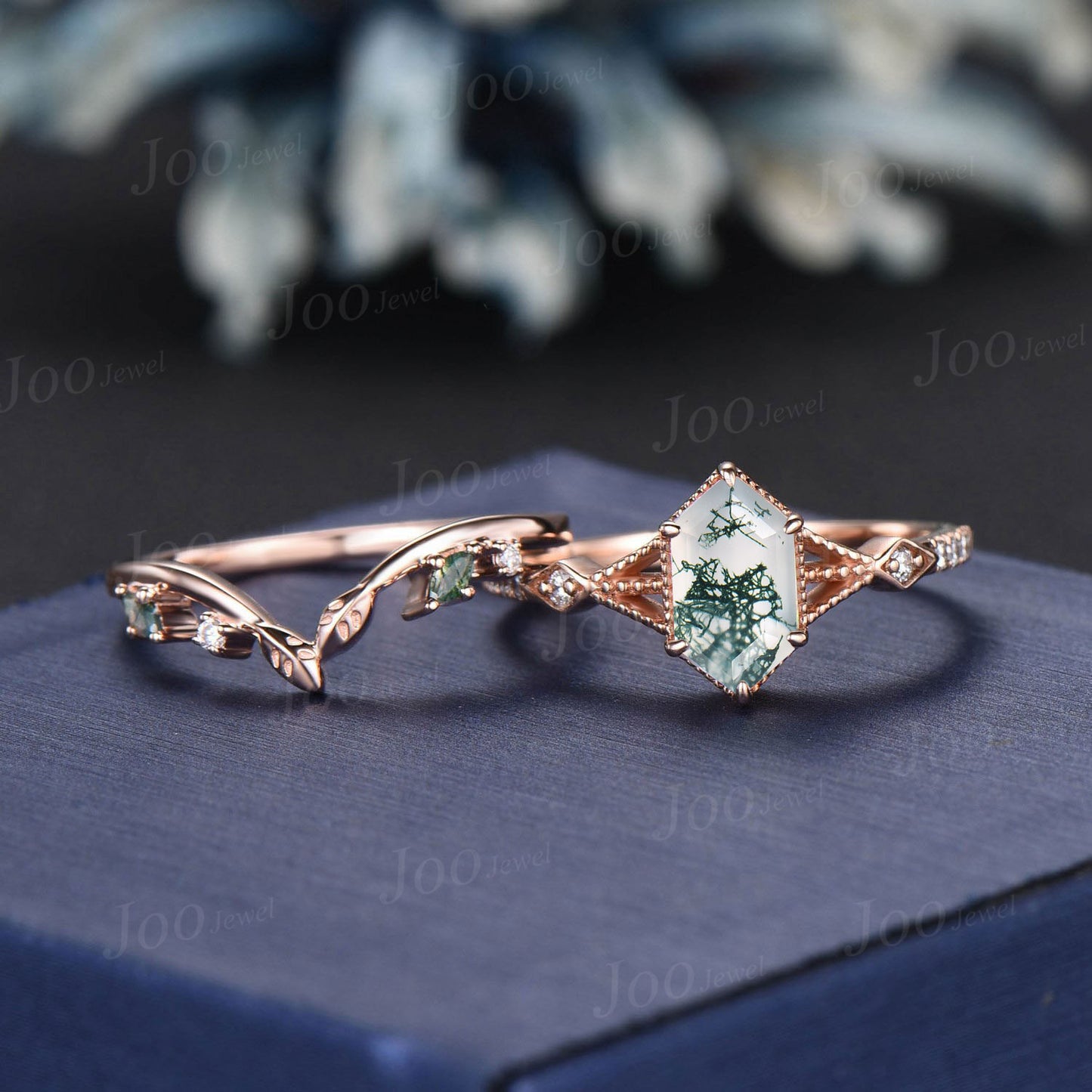 Retro Long Hexagon Moss Agate Ring,Vintage 14K Rose Gold Ring Set,Unique Agate Engagement Ring,Leaf Promise Band,Anniversary Ring Gift Women