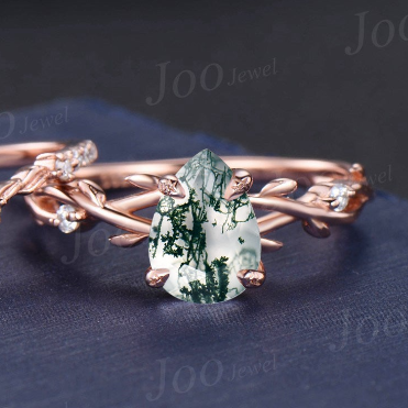 1.25ct Natural Moss Agate Moissanite Engagement Ring Set Vintage Rose Gold Nature Wedding Ring Twig Vine Pear Agate Stone Ring Unique Gifts