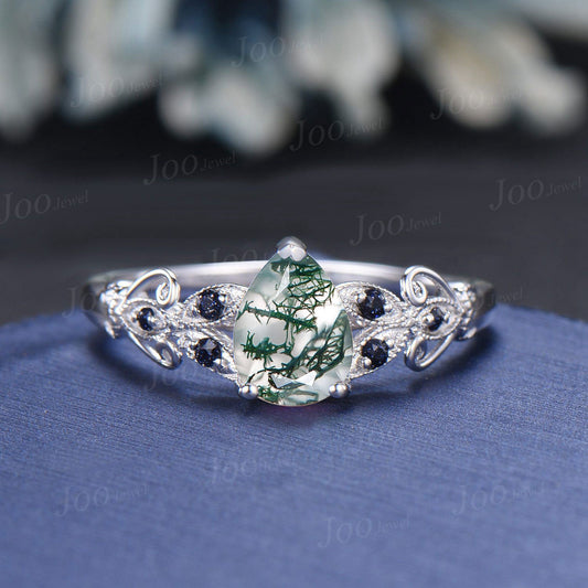 Unique Filigree Design Natural Moss Agate Blue Sandstone Engagement Ring for Women 1.25ct Pear Moss Agate Ring Silver Butterfly Wedding Ring