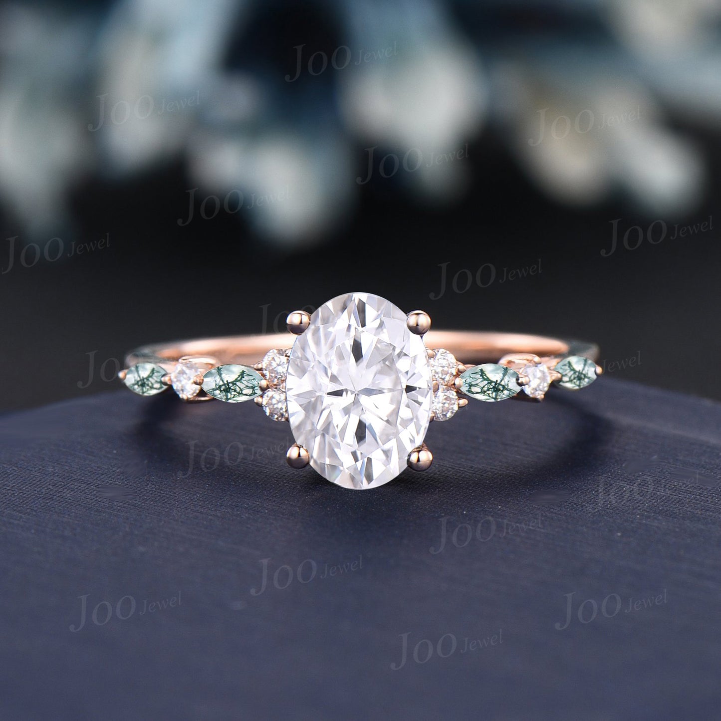 1.5ct Oval Forever One Moissanite Engagement Rings 14K Rose Gold Cluster Marquise Aquatic Moss Agate Moissanite half Eternity Promise Ring