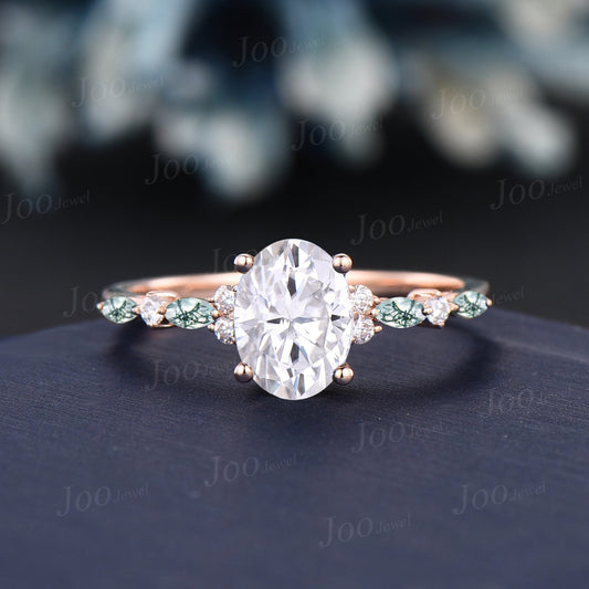 1.5ct Oval Forever One Moissanite Engagement Rings 14K Rose Gold Cluster Marquise Aquatic Moss Agate Moissanite half Eternity Promise Ring