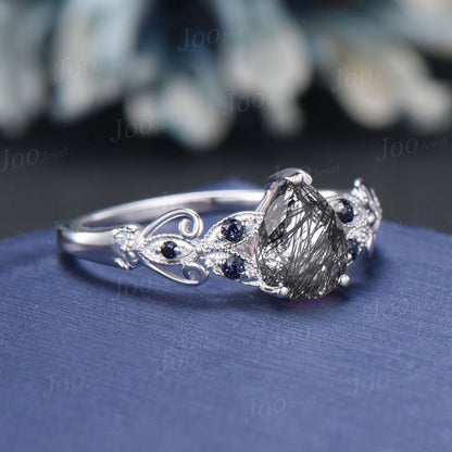 Natural Black Rutilated Quartz Ring Vintage Pear Wedding Ring Sterling Silver Butterfly Engagement Ring Women Vintage Blue Sandstone Ring