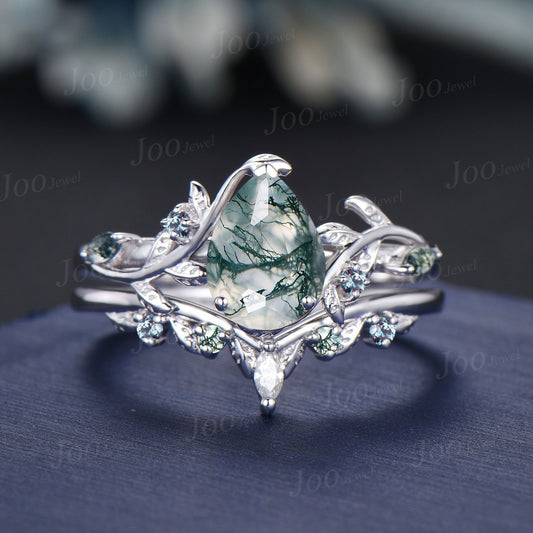 1.25ct Pear Natural Moss Agate Alexandrite Ring Set Sterling Silver Art Deco Engagement Ring Nature Inspired Branch Leaf Bridal Promise Set