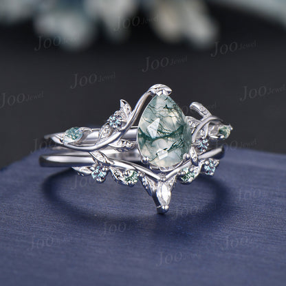 1.25ct Pear Natural Moss Agate Alexandrite Ring Set Sterling Silver Art Deco Engagement Ring Nature Inspired Branch Leaf Bridal Promise Set