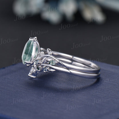 1.25ct Pear Natural Moss Agate Alexandrite Ring Set Sterling Silver Art Deco Engagement Ring Nature Inspired Branch Leaf Bridal Promise Set