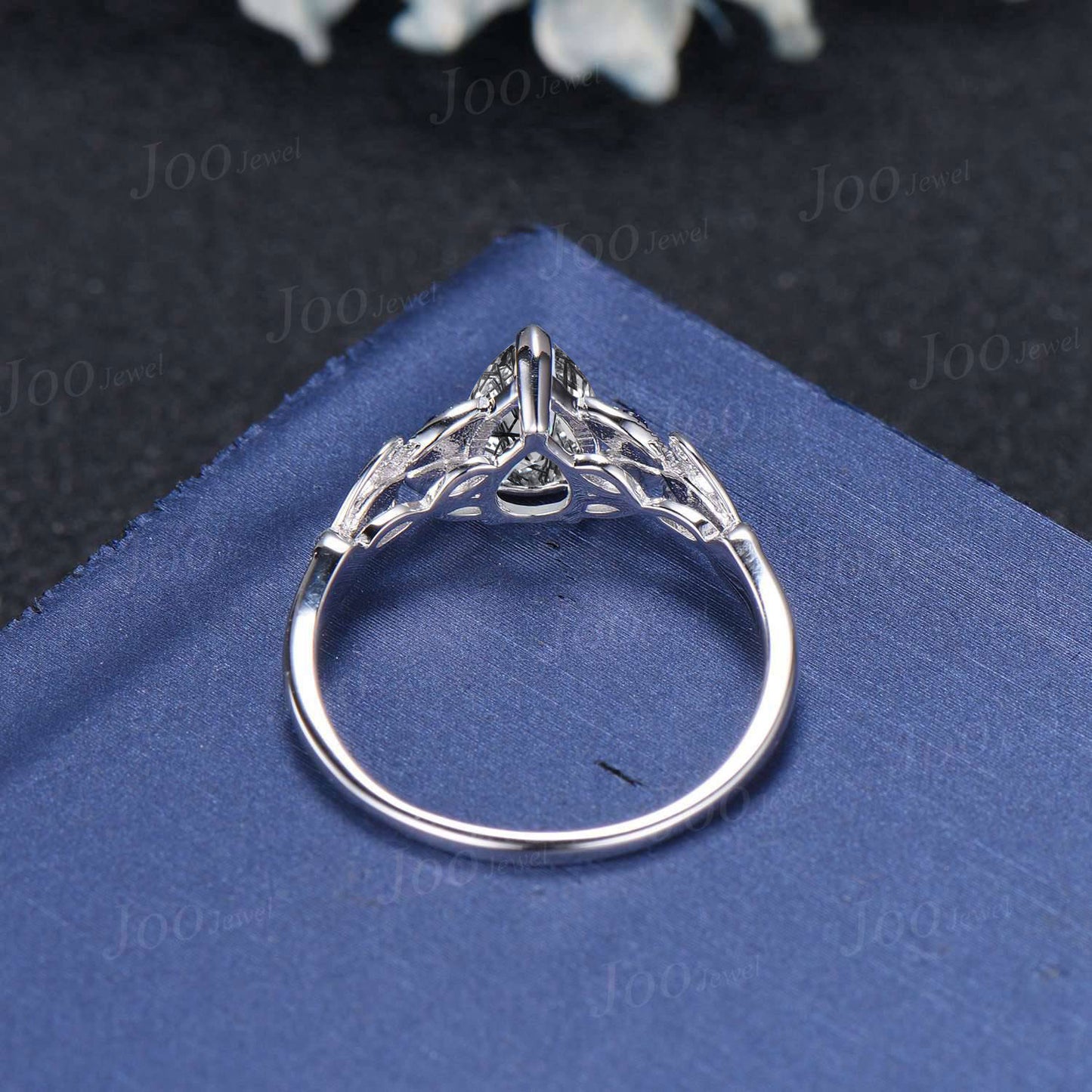 Natural Black Rutilated Quartz Ring Vintage Pear Wedding Ring Sterling Silver Butterfly Engagement Ring Women Vintage Blue Sandstone Ring