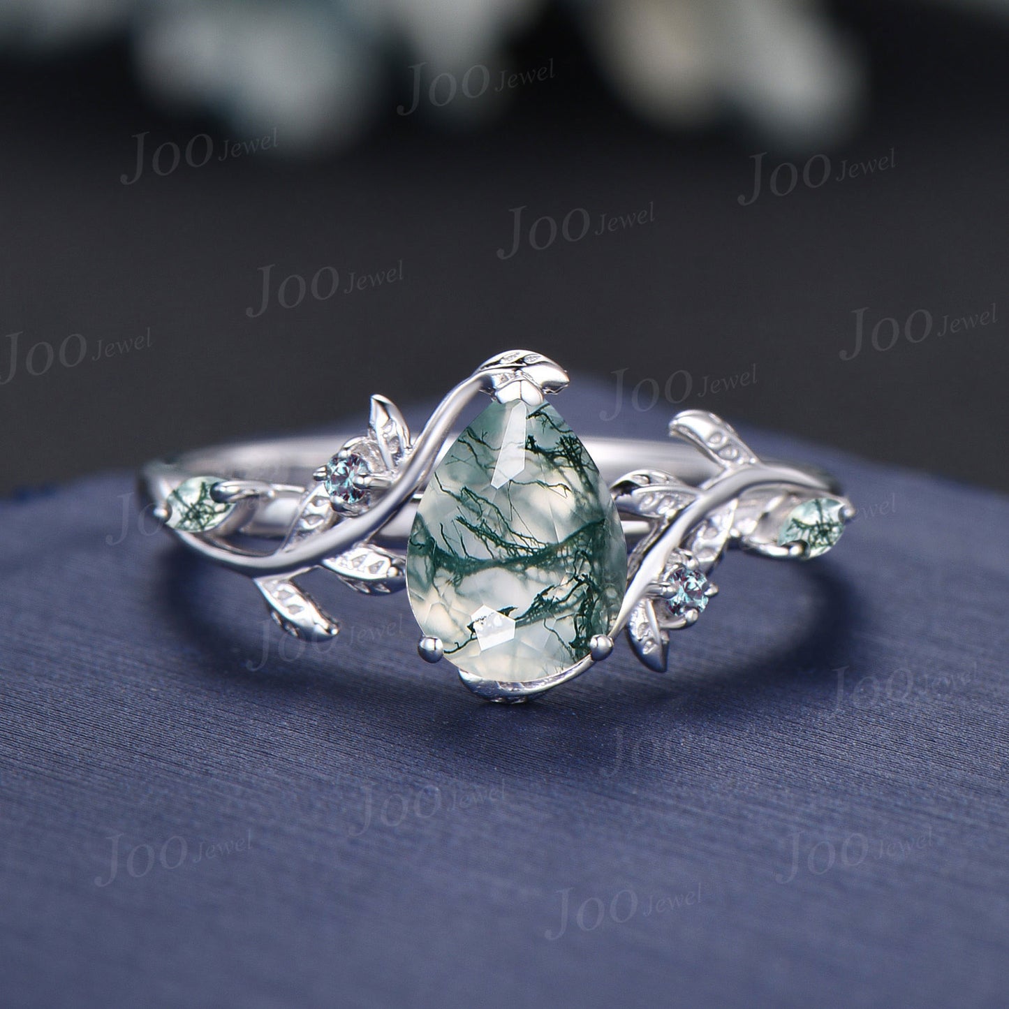 1.25ct Pear Natural Moss Agate Alexandrite Ring Set Sterling Silver Art Deco Engagement Ring Nature Inspired Branch Leaf Bridal Promise Set