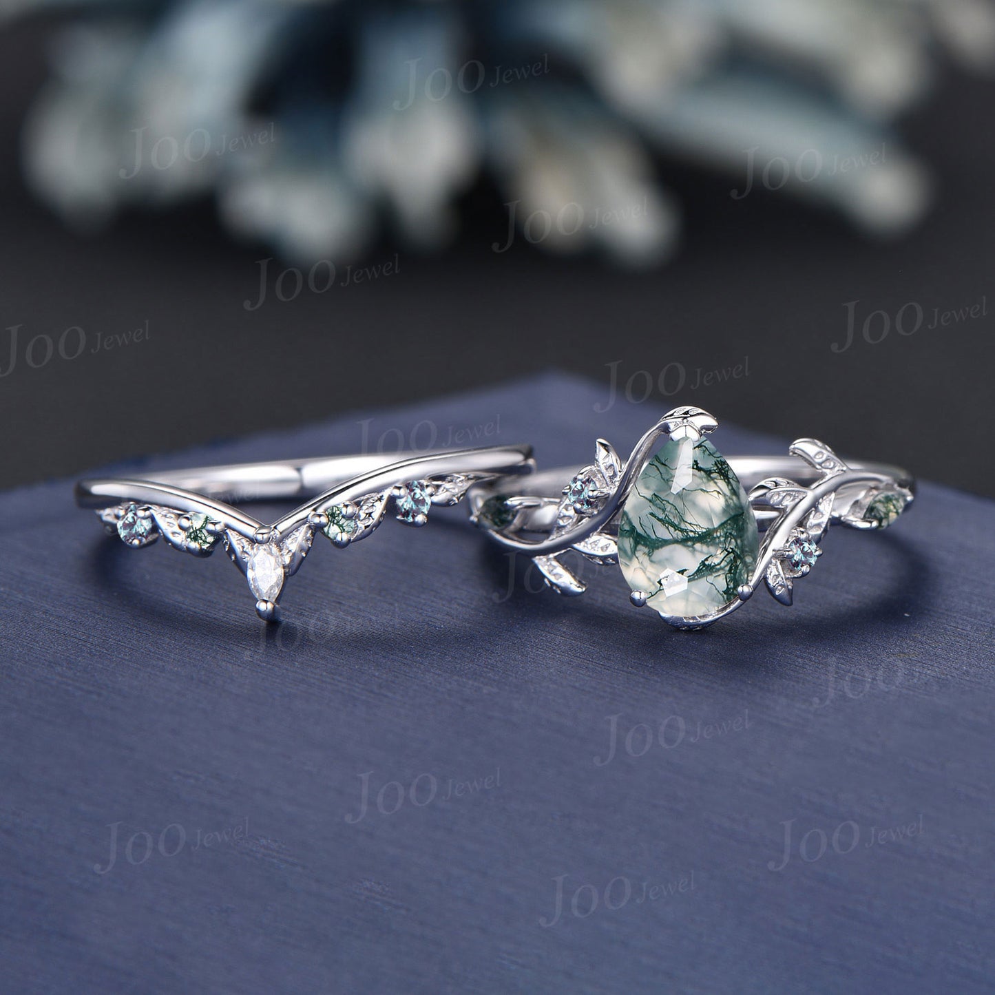 1.25ct Pear Natural Moss Agate Alexandrite Ring Set Sterling Silver Art Deco Engagement Ring Nature Inspired Branch Leaf Bridal Promise Set