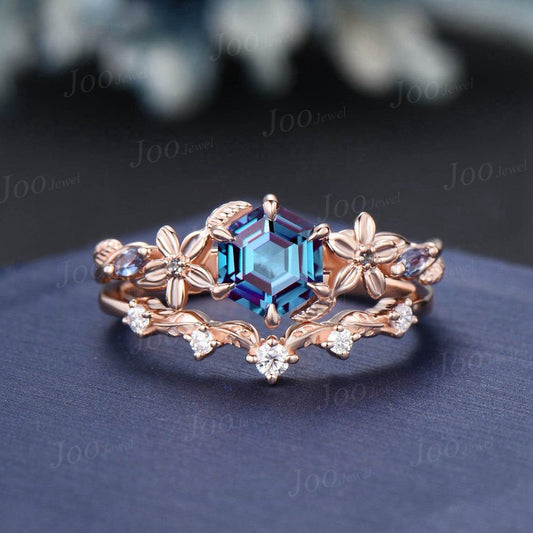 1ct Nature Inspired Hexagon Alexandrite Engagement Ring Rose Flower Wedding Ring Floral Leaf Moissanite Ring June Birthstone Jewelry Gift