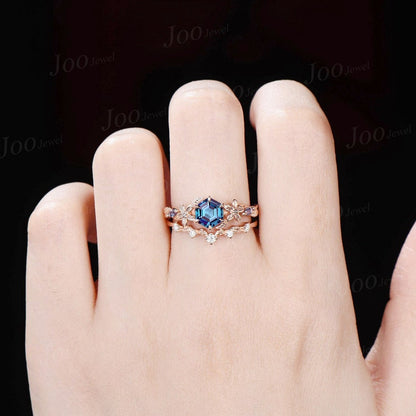 1ct Nature Inspired Hexagon Alexandrite Engagement Ring Rose Flower Wedding Ring Floral Leaf Moissanite Ring June Birthstone Jewelry Gift