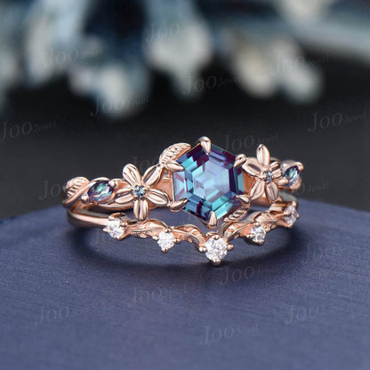 1ct Nature Inspired Hexagon Alexandrite Engagement Ring Rose Flower Wedding Ring Floral Leaf Moissanite Ring June Birthstone Jewelry Gift