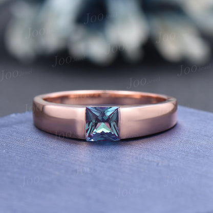 5mm Mens Princess Cut Color-Change Alexandrite Promise Band 14K Rose/Black Gold Gemstone Wedding Rings for Male Unique Anniversary Gifts