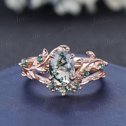 1.5ct Oval Cut Natural Green Moss Agate Emerald Bridal Ring Set Branch Twig Vine Nature Engagement Ring Unique Bridesmaid Anniversary Gifts