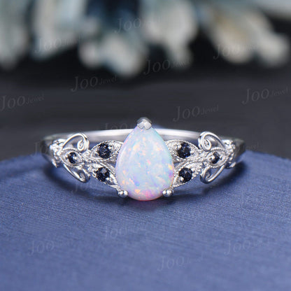 Nature Inspired 1.25ct Pear Shaped White Opal Engagement Ring 14K Rose Gold Milgrain Vintage Flower Leaf Branch Opal Wedding Ring For Women (Copy)