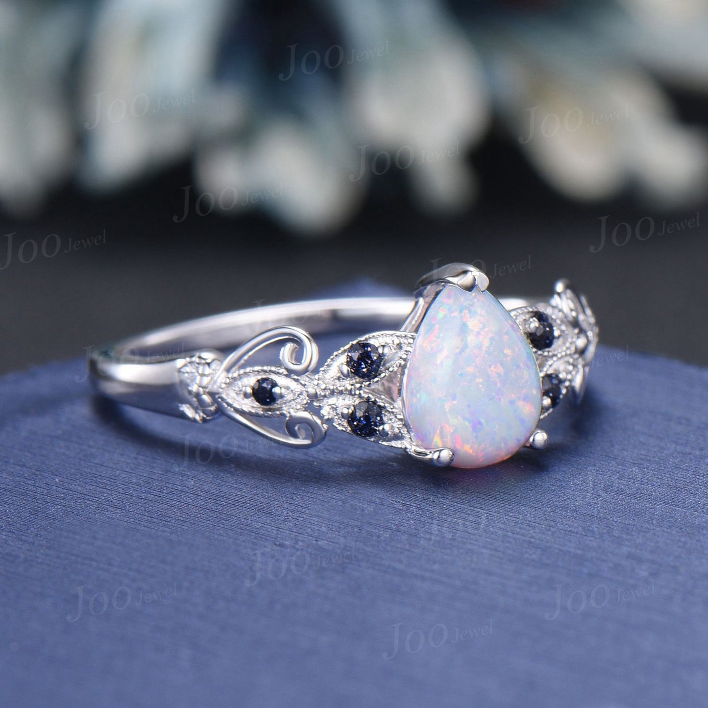 Nature Inspired 1.25ct Pear Shaped White Opal Engagement Ring 14K Rose Gold Milgrain Vintage Flower Leaf Branch Opal Wedding Ring For Women (Copy)