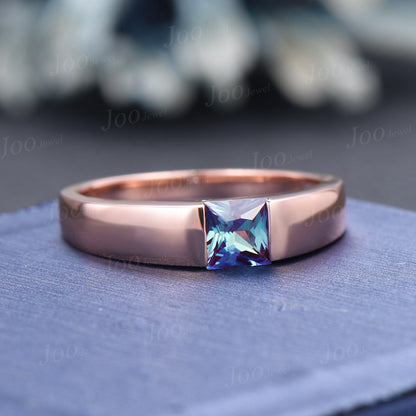 5mm Mens Princess Cut Color-Change Alexandrite Promise Band 14K Rose/Black Gold Gemstone Wedding Rings for Male Unique Anniversary Gifts